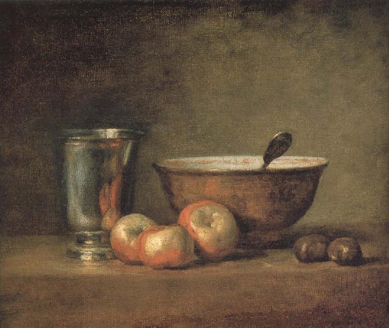 Jean Baptiste Simeon Chardin Three apple two millet bowls and silver wine class oil painting image